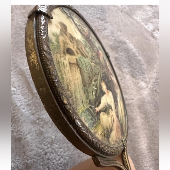 Vintage or Antique Victorian Portrait Art Gold-Tone Hand Mirror - Some Crazing - Picture 5 of 10